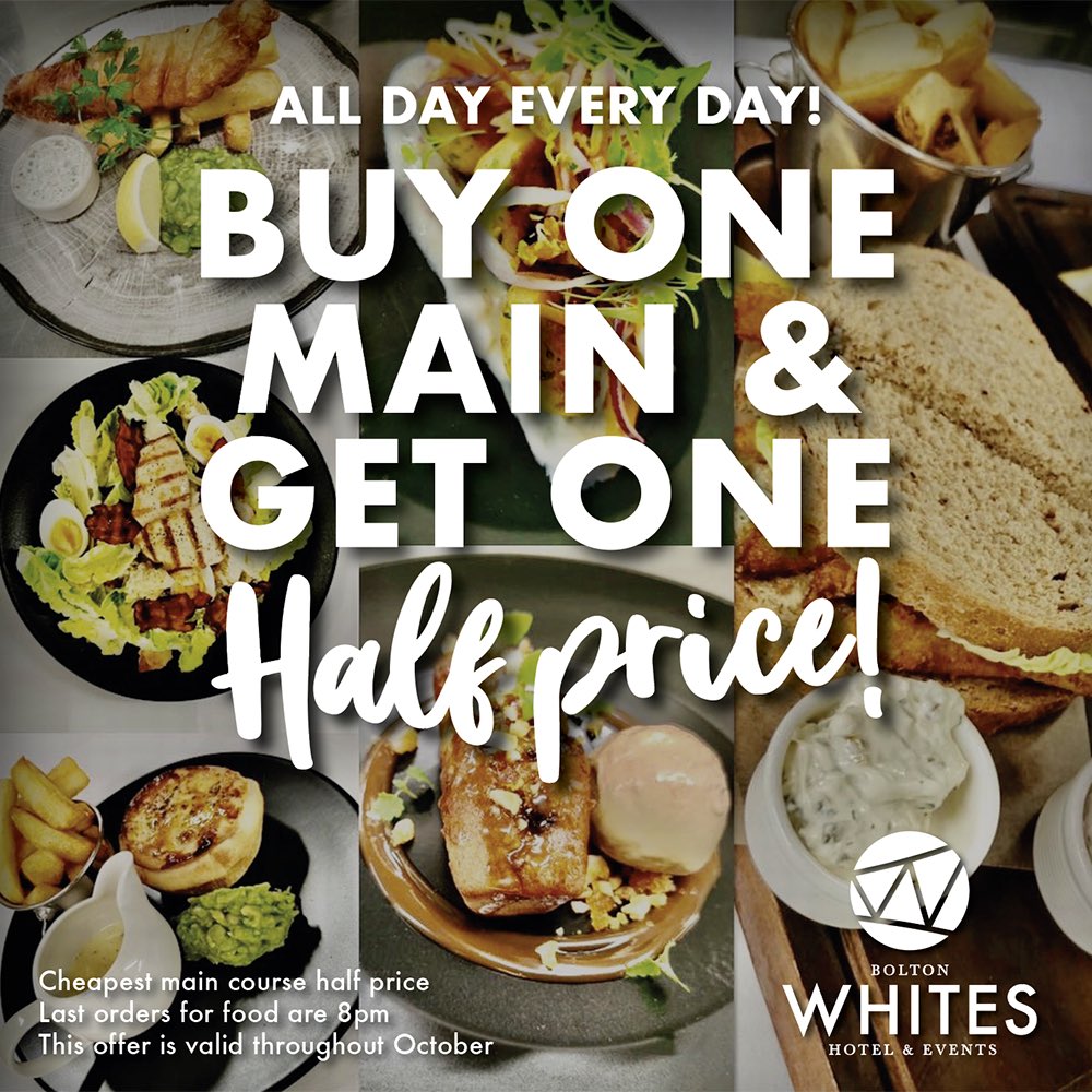 👋🏽 WE’RE BACK! WEDNESDAY 7TH OCTOBER 👋🏽 

“Buy One Main, get the second half price” the whole of October. 

Use this in conjunction with our buy 2 large glasses of house wine and get the bottle🍷 

Available on eat in &amp; takeaway! 🍴

📞 01204 673610 to book or place your order