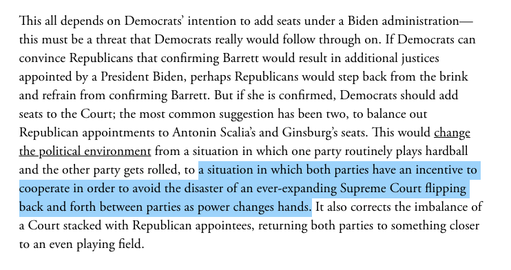 That's why I found this, from  @qjurecic and  @Susan_Hennessey, so implausible. Far more likely is that voters recoil at Dem court packing, Reps further consolidate their hold on the Senate, and we lose our ability to match GOP escalation. https://www.theatlantic.com/ideas/archive/2020/10/skeptic-case-court-packing/616607/