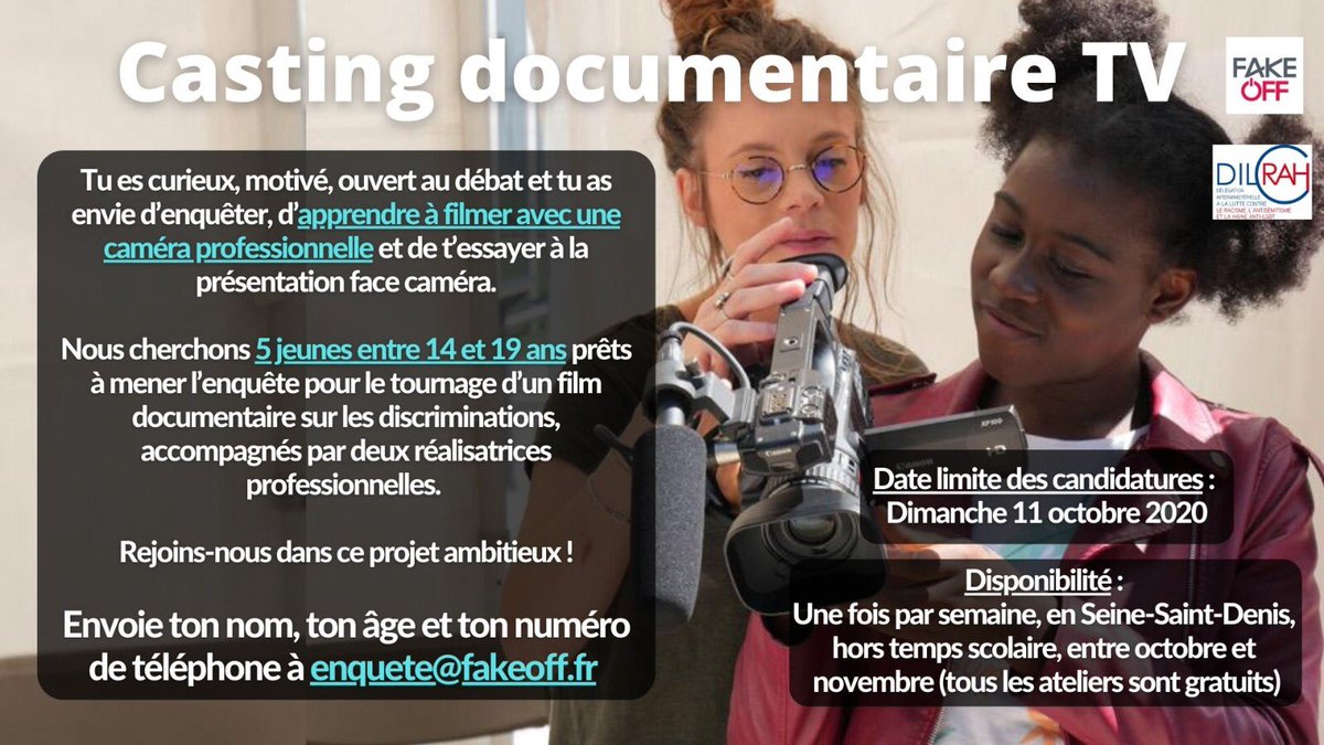 Wanted 📣 Fake Off recherche 5 jeunes (14-19 ans) pour réaliser un documentaire sur les discriminations. Leur enquête portera sur la fausse rumeur des Roms et des camionnettes blanches. RT appréciés 🙏🏾🤗