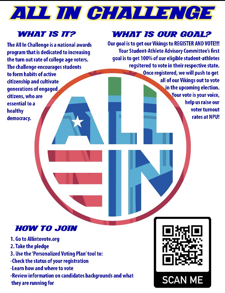 🚨IT’S VIKINGS VOTE DAY!!!🚨 We have joined the All in Challenge, our goal is to get as many of our eligible SA’s registered and out to vote. Visit allintovote.org to sign the pledge, check your registration status, and get information regarding your local voting places!