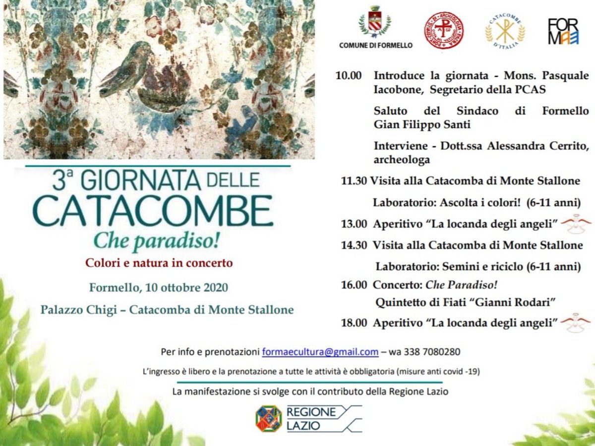 SABATO 10 OTTOBRE, GIORNATA DELLE CATACOMBE

Un'intera giornata a #formello dedicata alla prima cristianità nel nostro territorio, con Conferenze, Laboratori didattici per bambini, Visite guidate e concerti, tutto condito da gustosi aperitivi!

fb.me/e/3mikkUbIQ
