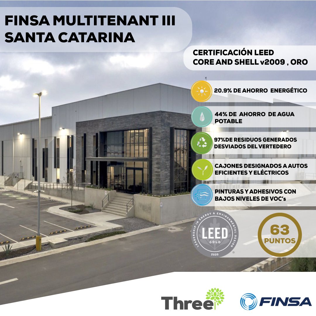 ThreeCM3's tweet photo. Conoce la planta FINSA Multitenant III Santa Catarina, parte del portafolio de naves industriales de @FinsaIntl. Certificada LEED Oro, con ¡casi el 100% de sus residuos generados desviados del vertedero!
#FINSA #leed #oro #gold #coreandshell #leedcertifiedgold #usgbc https://t.co/lCZAxLKSSL