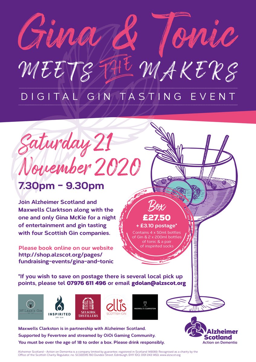 VIRTUAL GIN TASTING WITH <a href="/alzscot/">Alzheimer Scotland</a>
On Saturday 21st November can join Gina Mckie for a night of tasting and entertainment by preordering your box of Scottish gins and logging into the party.
More info can booking can be done here: alzscot.org/.../gina-and-t…...
