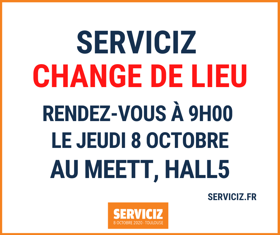 serviciz's tweet photo. ⚠️ SERVICIZ CHANGE DE LIEU ! 

Nous vous donnons rendez-vous au MEETT HALL 5 à TOULOUSE jeudi 8 octobre !

📍 RDV au MEETT, Chemin de l’Enseigure 31840 Aussonne 
 🗓   Le jeudi 8 octobre de 9h à 18h
🅿️   Parking gratuit
🍴   Restauration sur place 
😷  Port du masque obligatoire https://t.co/rPvjXeECkk