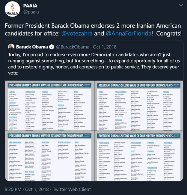 2)For the record, Anna Eskamani is also endorsed by Obama & PAAIA clearly welcomed this development.Connecting the dots sheds further light on Iran’s dangerous influence in U.S. politics.