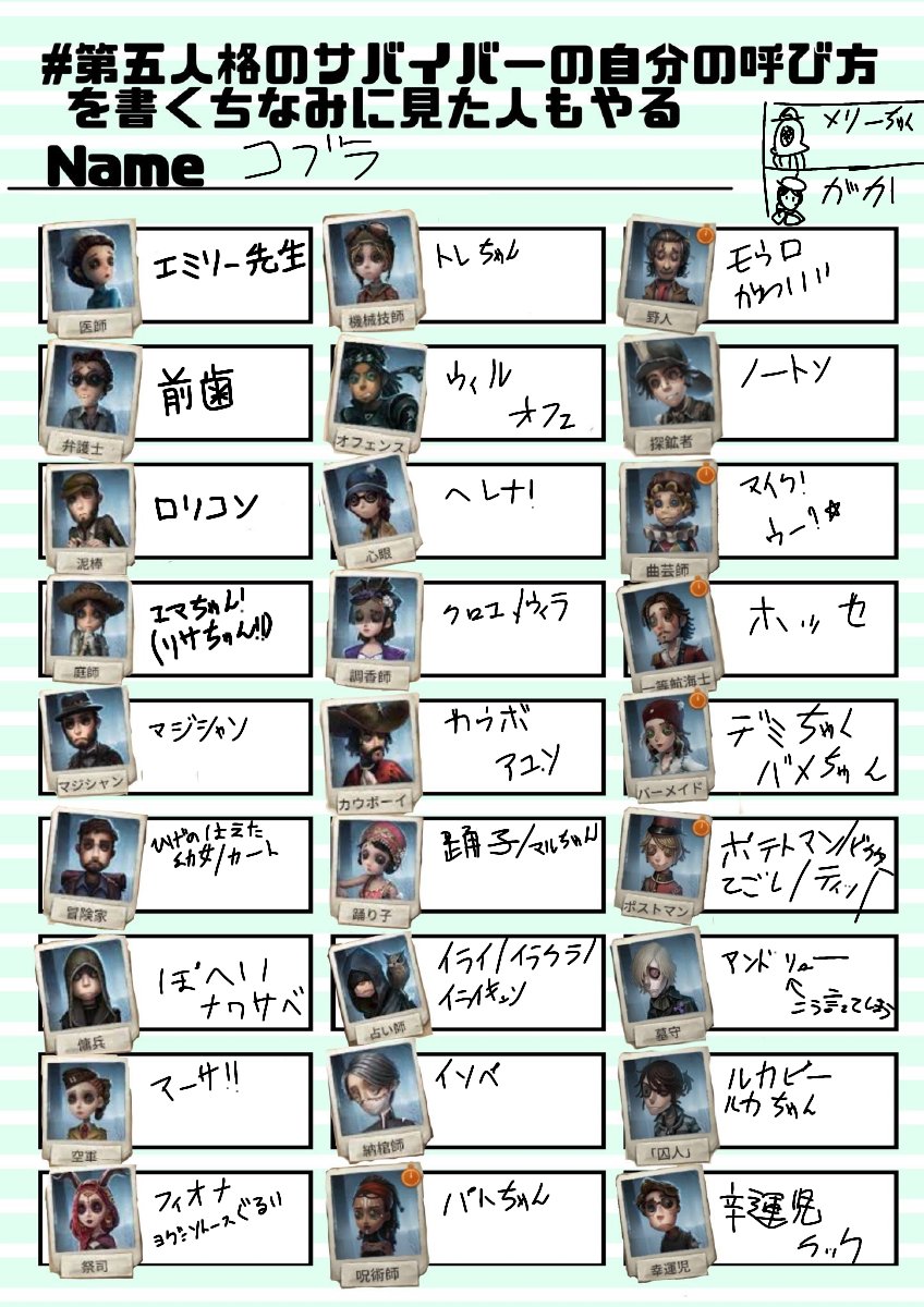 第五人格のサバイバーの自分の呼び方を書くちなみに見た人もやる 第五人格のサバイバーの自分の呼び方を書くちなみに見た人もやる