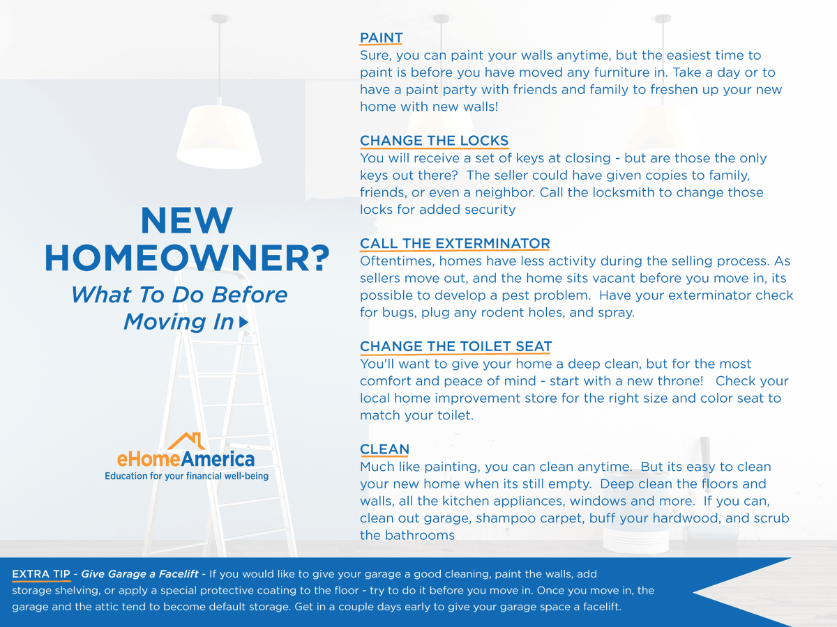 eHomeAmericaHBE's tweet photo. Move In Day almost here? Here are a few items you don't want to overlook before you move in to your new home! #eHomeAmerica #HomebuyerEducation #firsttimehomebuyers #homeownership https://t.co/ZVJS3dZ6il