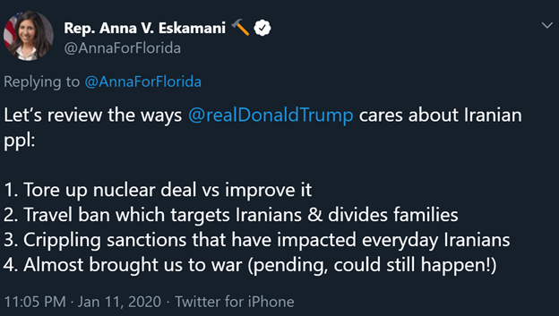 6)Here Eskamani is seen parroting talking points of Iran’s regime:-supports Obama’s nuclear deal that provided Iran billions to support terrorism-blames sanctions for while Iran’s regime is corrupt to the core-criticizes Trump after the killing of Qassem Soleimani