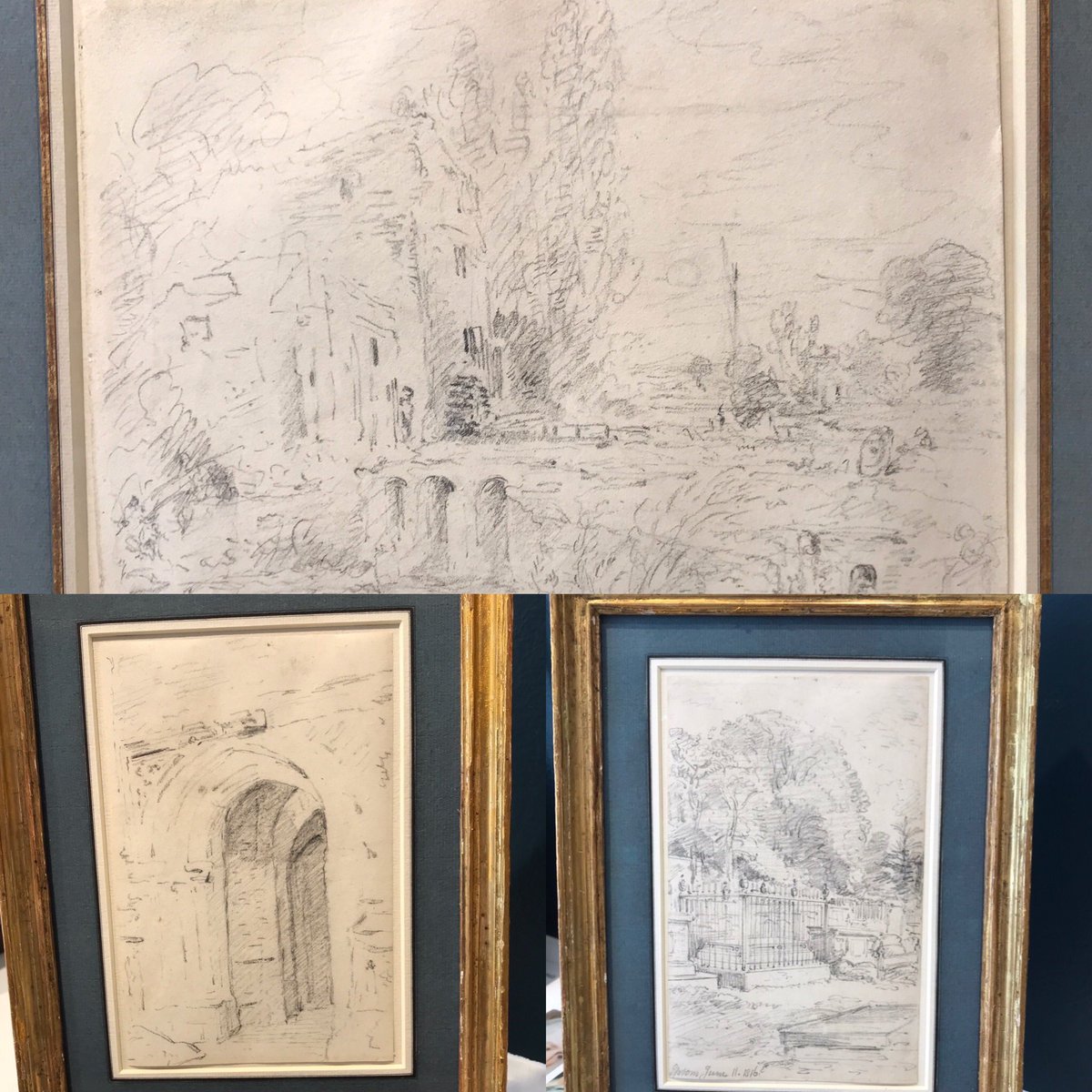 Three drawings by John Constable - the largest is of Fittleworth Mill, Sussex dating from the summer of 1835. The two upright drawings originate from a sketchbook used in 1815-16 and depict East Bergholt Church and the tomb of Constable’s uncle James Gubbins in Epsom churchyard