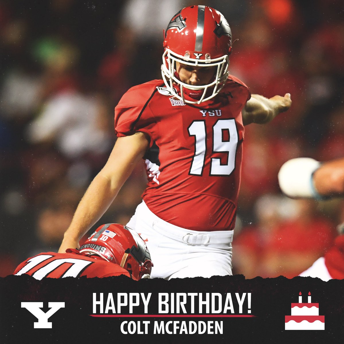 YoungstownStFB's tweet photo. Happy Birthday to junior placekicker Colt McFadden! 🎂🎉

A native of Poland, Ohio, McFadden made six field goals and 46 extra-point tries in 2019 . 🐧🏈

#GoGuins https://t.co/rNtStHkgQY