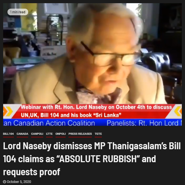 SriAction's tweet photo. Lord Naseby dismisses MP Thanigasalam's Bill 104 claims as "ABSOLUTE RUBBISH" and requests proof!

https://t.co/AF6EDRA6na

#ABSOLUTERUBBISH #Bil104 #FactCheckBill104 #OnPoli #CanPoli #UKPoli https://t.co/IlWr2UF0O7