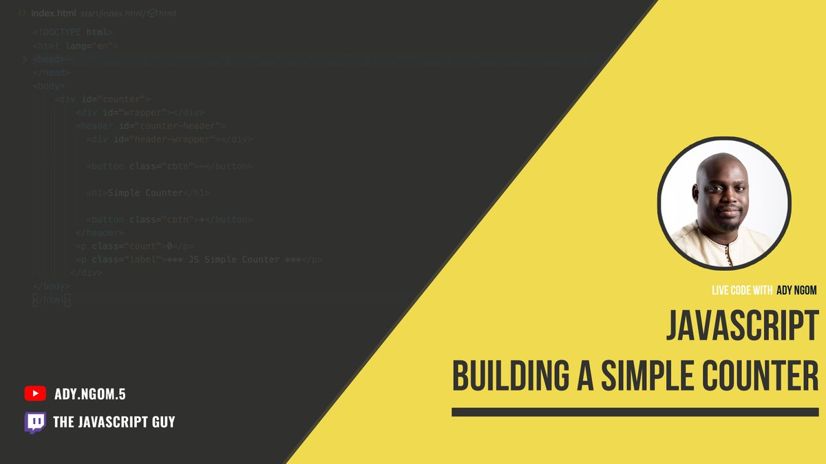 adyngom's tweet image. Streaming live today on Twitch, YouTube 5:30pm EST
001 - A counter is a uncluttered interface that will allow us to focus on some core concepts such as closure, code reuse and clean code.
#100daysofcode #beginner #intermediate
youtube.com/watch?v=ISsl-p…
twitch.tv/thejavascriptg…