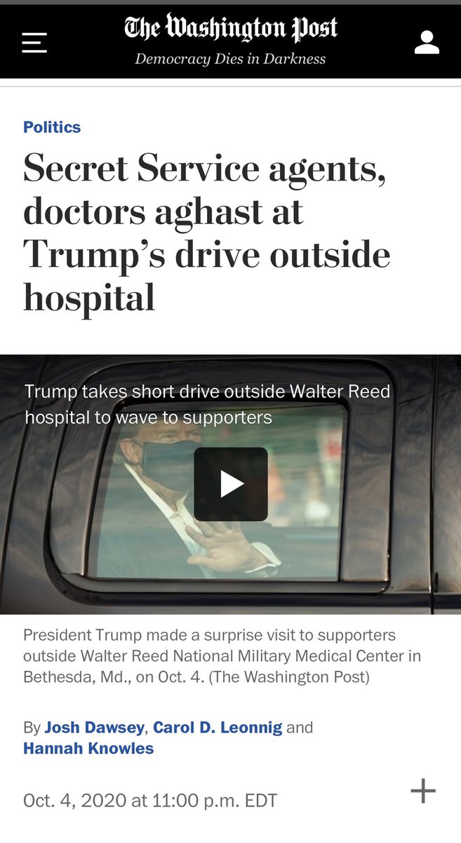 5. "Reckless disregard for safety of self or others." https://www.washingtonpost.com/politics/2020/10/04/trump-hospital-drive-criticism/ https://www.bloomberg.com/news/articles/2020-10-02/trump-donor-says-president-was-reckless-to-attend-fundraiser