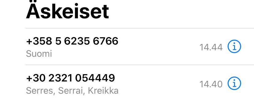 Eka puhelu Kreikasta, löin luurin kiinni (vahingossa, innostuneena) 4 min päästä, seuraava olikin väärennetty kotimainen numero. Taustalla noin 10 vastaavaa puhelua avoimena ;-(.