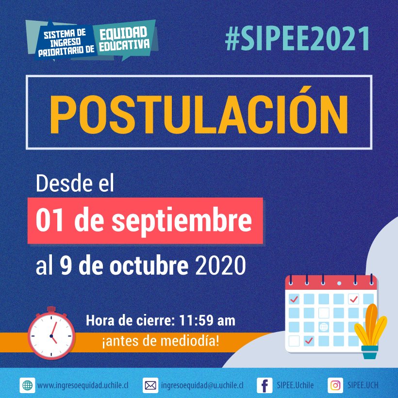 uchile's tweet photo. Postula al #SIPEE (Sistema de Ingreso de Equidad Educativa): Requisitos, bases y postulaciones en: https://t.co/TFMDvieOwe y postula hasta el 09/oct ¿Dudas? Escribe a https://t.co/SMZAK2848i o al correo ingresoequidad@u.uchile.cl. Más detalles en: https://t.co/CarDjeZ7e5 https://t.co/fOKxjzt45b