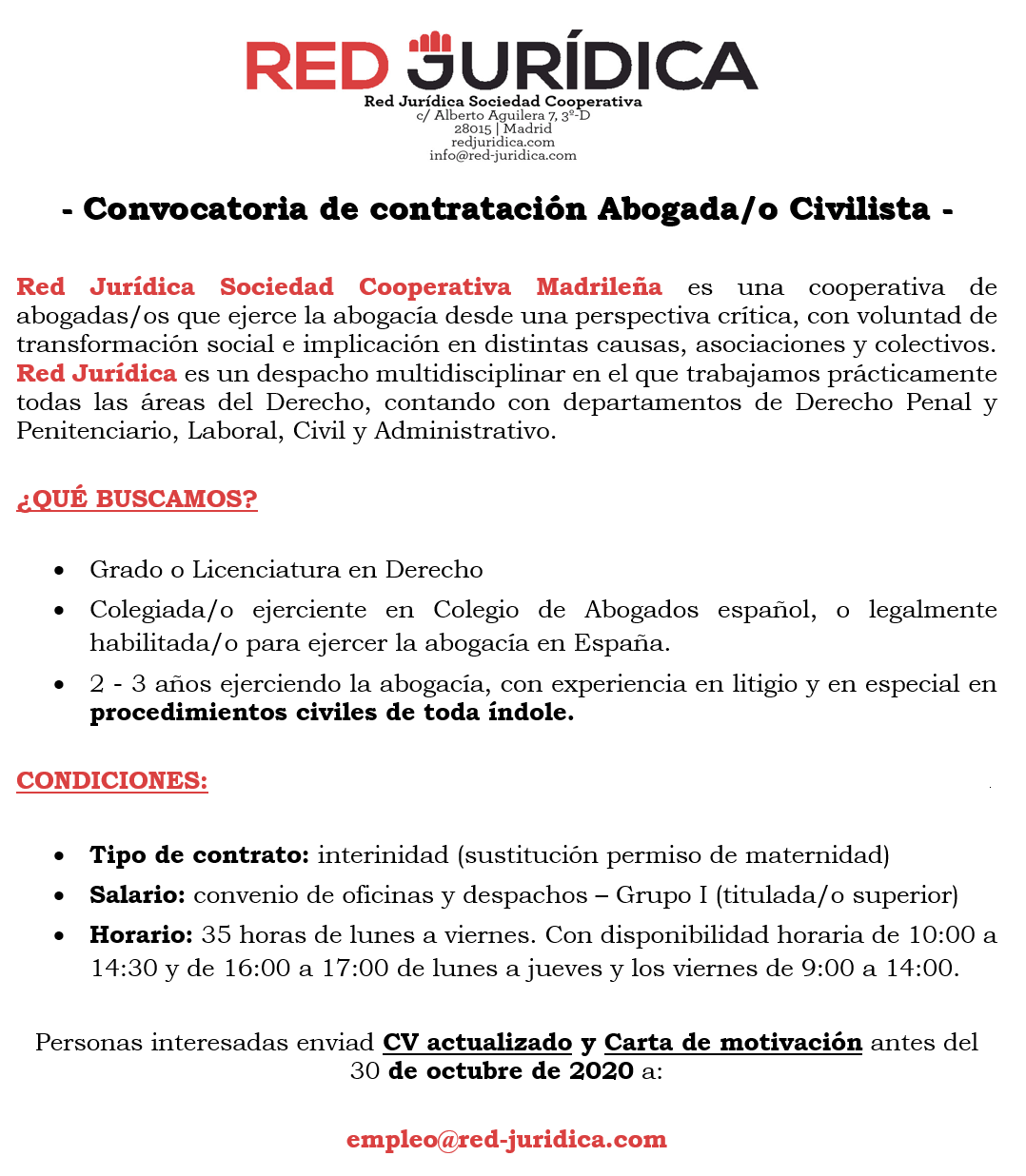 تويتر \ Red Abogados/as على تويتر: "Oferta de empleo: Buscamos una abogada o abogado civilista para cubrir un permiso de maternidad que empezará unos meses (contrato de interinidad). Las personas