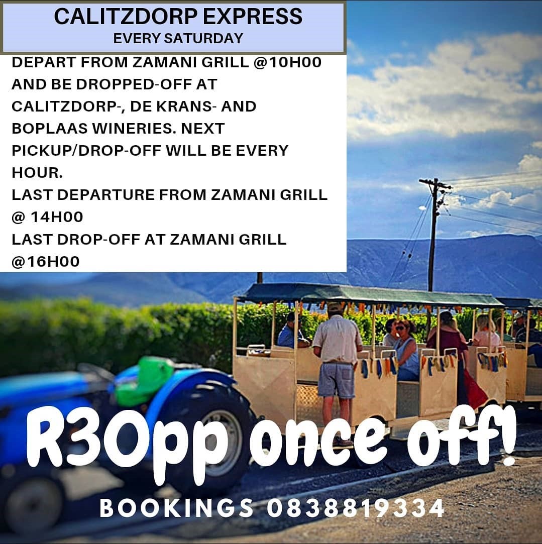 We are launching another 1st for Calitzdorp! The Calitzdorp Express is a safe, open-air option to explore the town via a main route.Start off at "The Smallest Bar on Route62" and stop at the 3 largest wine cellars for tasting. (Wine tasting on self tour-basis and at own costs.)