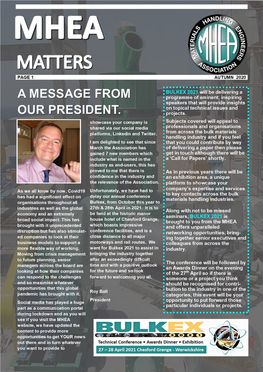 MHEA_BULK's tweet photo. Take a few minutes to check out our Autumn Newsletter or view it at our website https://t.co/p2u5x3vbzM

#materialshandling #cementindustry #aggregates #powergeneration #wasterecycling #biomass #ports #quarrying #buildingmaterial #materials #conveyors #miningindustry https://t.co/X8Q2p4gTao