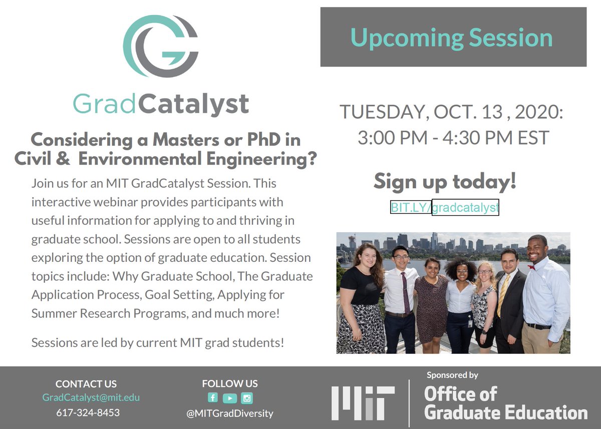 MIT_CEE's tweet photo. Join us for MIT's Grad Catalyst event on Oct. 13 for information on applying to grad school. CEE is also offering graduate webinars specific to our department:
Oct. 29, 10-11 am: https://t.co/9m8GWKPkcC
Nov. 13, 10-11 am: https://t.co/3c2QGufO9I
#MIT_CEE #MIT2024 MIT Admissions https://t.co/zcKp8QyPQs