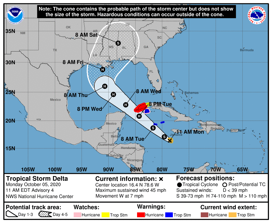 ScottyPowellWX's tweet photo. Tropical Storm #DeltaI Continues to strengthen over the Caribbean Sea. Max winds 45 mph. Pressure at 1002 mb, moving west at 7 mph. 

Looking towards the end of the week, into the weekend the remnants of Delta could bring some unsettled weather to WNC by the weekend. #ncwx #wncwx https://t.co/oUQScwVeVv