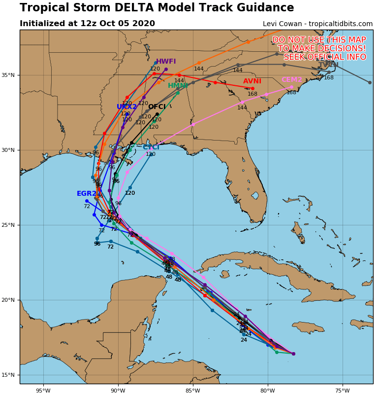 ScottyPowellWX's tweet photo. Tropical Storm #DeltaI Continues to strengthen over the Caribbean Sea. Max winds 45 mph. Pressure at 1002 mb, moving west at 7 mph. 

Looking towards the end of the week, into the weekend the remnants of Delta could bring some unsettled weather to WNC by the weekend. #ncwx #wncwx https://t.co/oUQScwVeVv