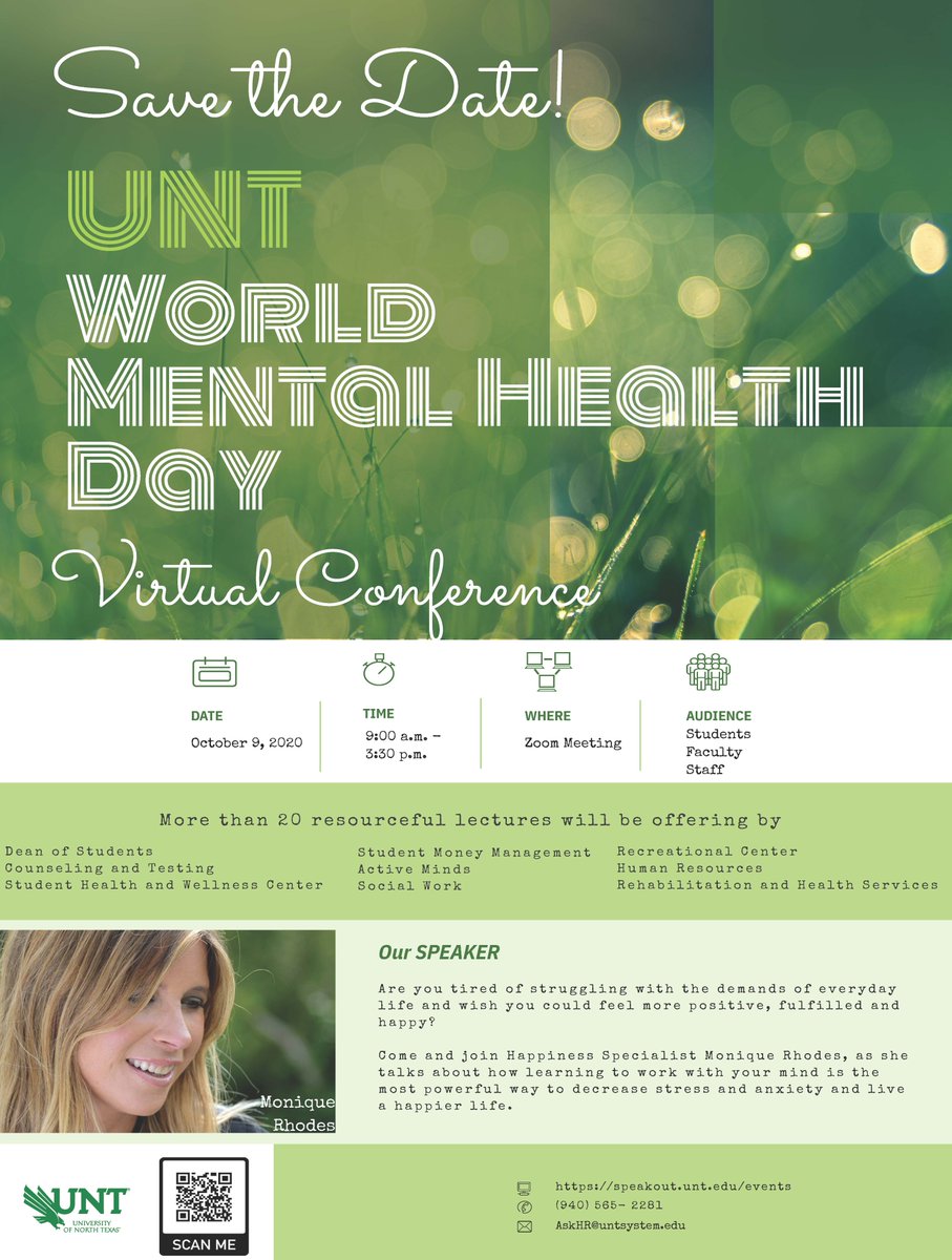 UNTDOS's tweet image. World Mental Health Day is THIS Friday! Stop by the virtual event from 9am-3:30pm. #GMG #UNTCares #UNTDOS #WorldMentalHealthDay