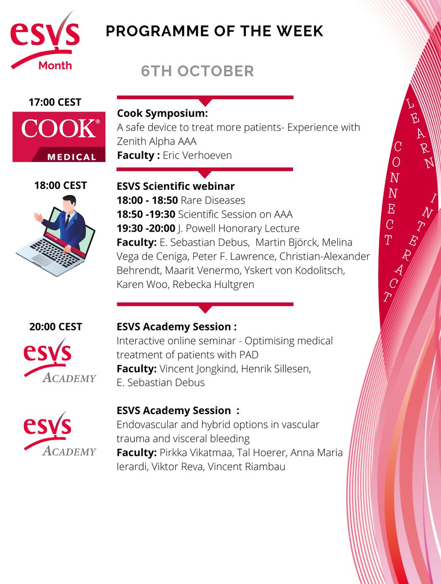 ESVSmembership's tweet photo. Are you ready for the 2nd week of the ESVS Month? Even more sessions to get involved in! Join us tomorrow as from 17:00 CEST. Head to https://t.co/7kUABbmhMB to Learn, Connect & Interact!
#esvsmonth #vascularsurgery #esvsAcademy https://t.co/xhOsNWRxad