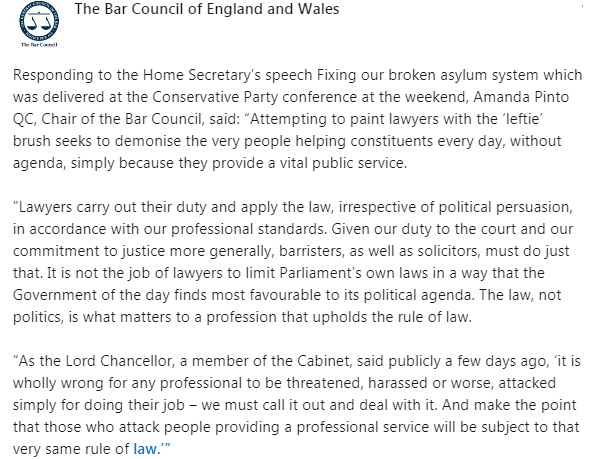 “Attempting to paint lawyers with the ‘leftie’ brush seeks to demonise the people helping constituents every day, without agenda. It is not the job of lawyers to limit Parliament’s laws in a way that Govt of the day finds most favourable to its political agenda":  @thebarcouncil