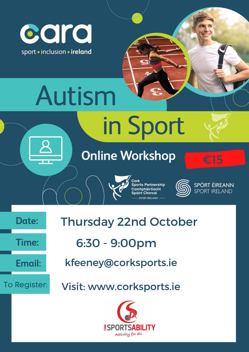 ๐ New Online Autism in Sport Workshop ๐ฅณ
๐
Thursday 22nd Oct
โฐ 6:30-9:00pm
๐ Online via Zoom
This workshop will provide you with an understanding of autism focusing on the delivery of sport!โน๏ธโโ๏ธ๐พ๐คธโโ๏ธโฝ๏ธ
โน https://t.co/rNNd7NNriq
#KeepCorkActive #CorkSportsAbility https://t.co/VQrSyCs8az
