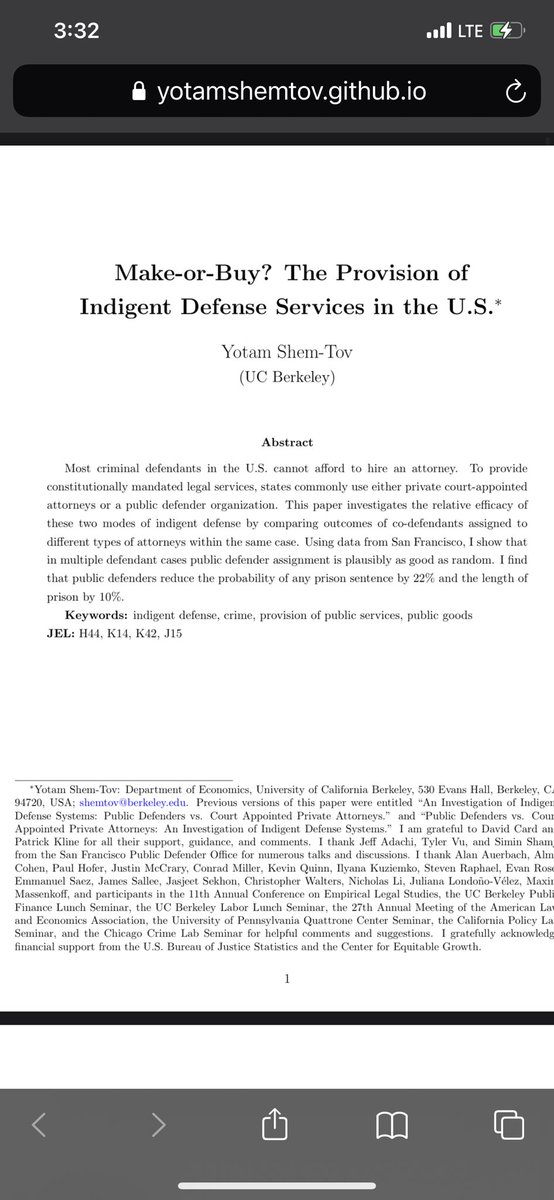 Hugely important new paper forthcoming at Restat by Yotem Shem-Tov, at Berkeley. In some jurisdictions, if an offense has multiple offenders, and neither can afford a lawyer, they’ll be seemingly or explicitly randomly assigned to either public defender or a private attorney 1/n