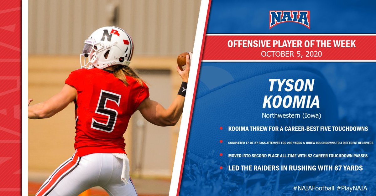 🏈 | Congratulations to Tyson Koomia of <a href="/nwcraiders/">NWC Red Raiders</a> who threw for a career-best five touchdowns Saturday and earned NAIA Player of the Week honors. 

#NAIAPOTW #PlayNAIA #NAIAFootball