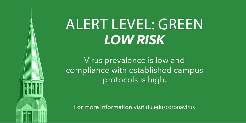 UofDenver's tweet photo. 🟢 ALERT LEVEL UPDATE: Oct 5
Due to protocol compliance and a decrease in confirmed campus cases in the past week, the @UofDenver is able to lower its COVID-19 alert level from yellow to green. Please continue to #DUYourPart.

➡️Read the update: https://t.co/fuwA7PNKry

#OneDU 😷 https://t.co/H1Zs3pIWZZ