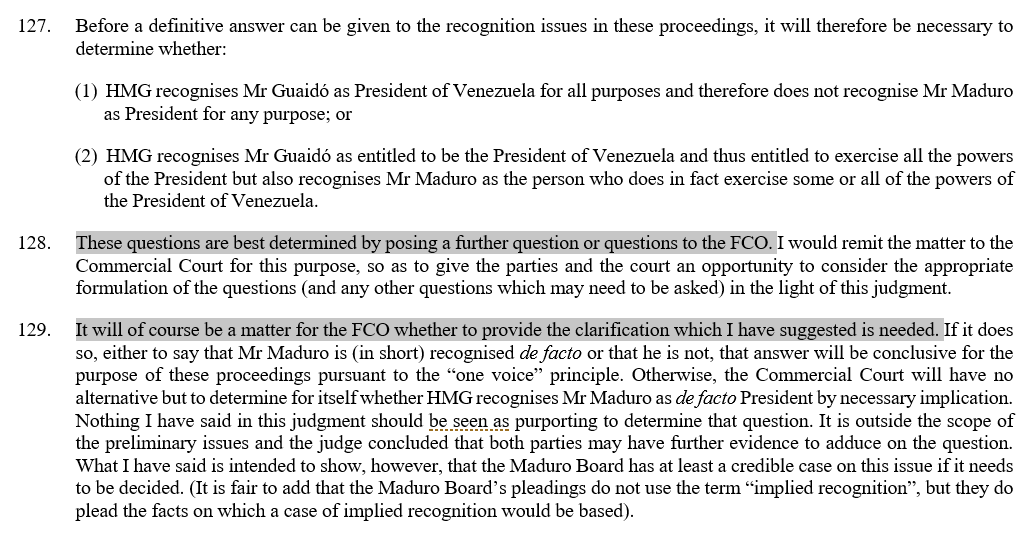 3. The appeal court advises the High Court to seek counsel from the Foreign and Commonwealth Office on this issue. This of course means only one thing: the FCO will advise the High Court not to recognize Maduro and recognize Guaido instead, who they've been helping to prop up.