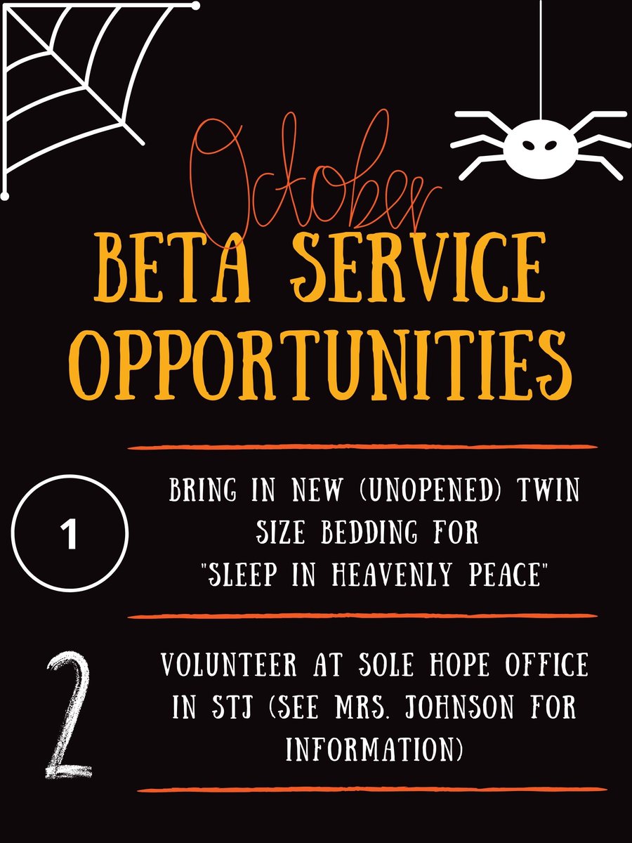 STJ BETA: If you're looking for a service opportunity, here are a couple of ideas for October! #LeadByServingOthers  
REMINDER: stop by Mrs. Johnson's room this week to sign up for a convention competition! #BetaCon21 <a href="/isaacratcliff1/">Isaac Ratcliff</a> <a href="/jacobrinehart_/">Jacob Rinehart</a> <a href="/mackenna_13/">Mackenna Rodgers</a>