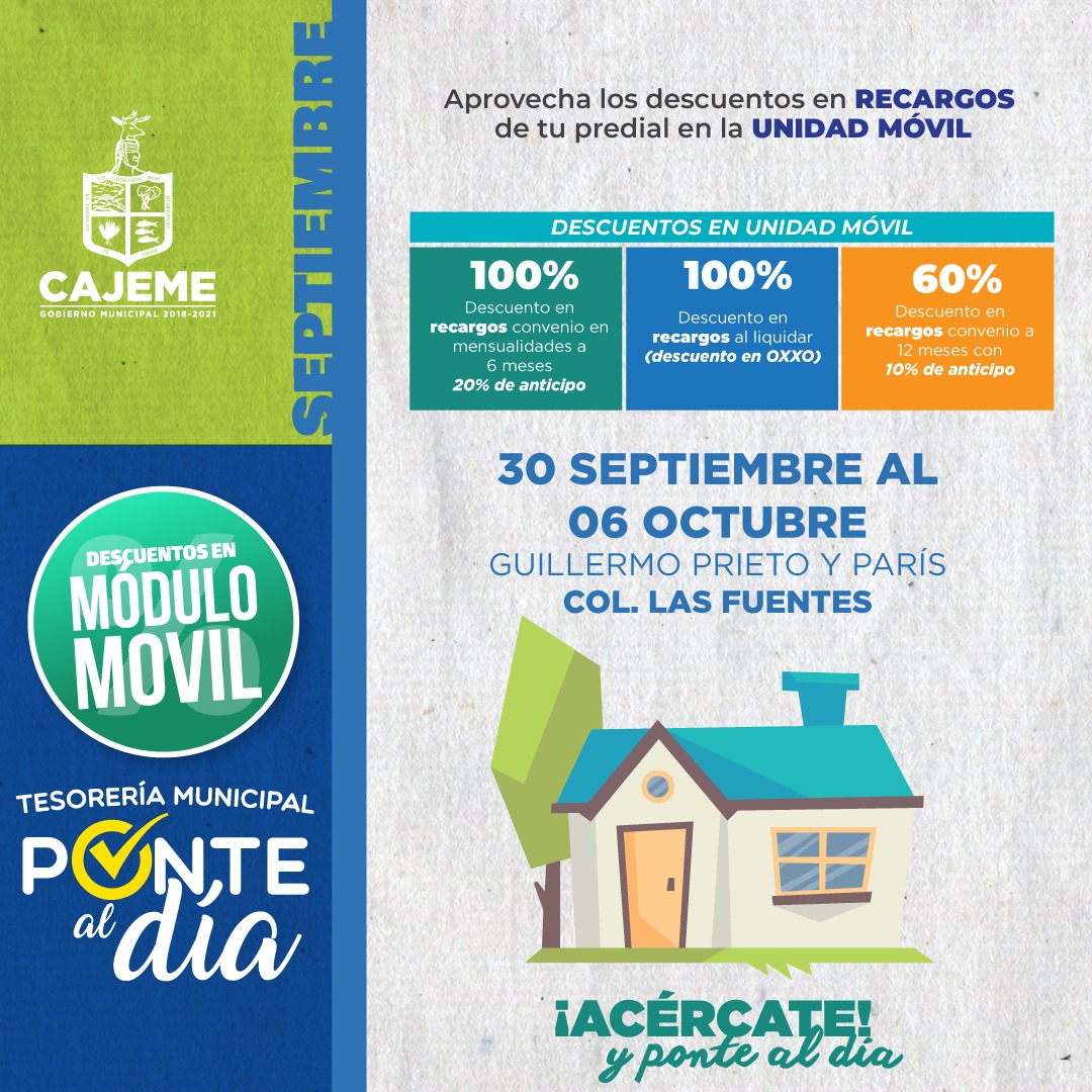 Los módulos móviles de Tesorería Municipal continuarán prestando servicios con  medidas de prevención sanitaria para proteger a los ciudadanos, en distintas colonias de nuestro municipio. Aprovecha los descuentos en recargos de tu predial en la unidad móvil
#VamosTodosPorCajeme