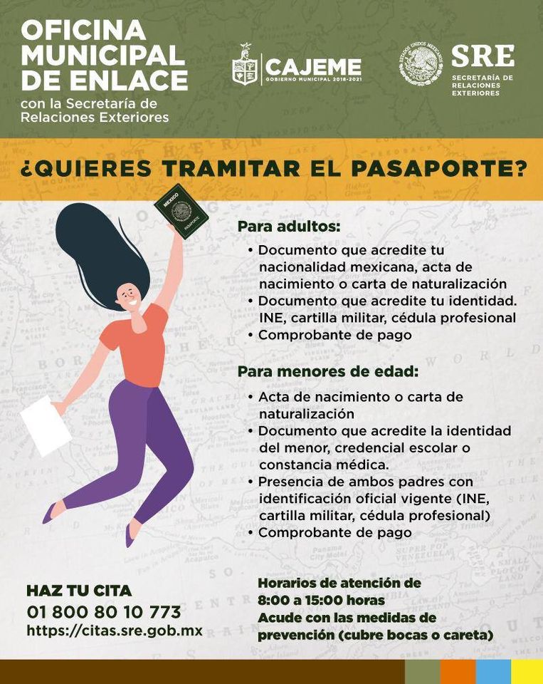 ¿Quieres hacer un trámite de pasaporte? 
Estamos trabajando con cita previa con un horario de 8:00 a 15:00 horas, acude con las medidas de prevención (cubrebocas o careta). Con todos los documentos que requiere el tipo de trámite. #VamosTodosPorCajeme