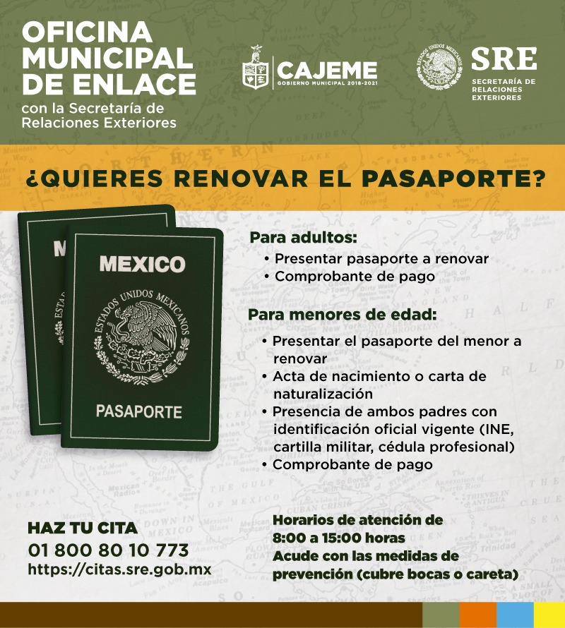 ¿Quieres hacer un trámite de pasaporte? 
Estamos trabajando con cita previa con un horario de 8:00 a 15:00 horas, acude con las medidas de prevención (cubrebocas o careta). Con todos los documentos que requiere el tipo de trámite. #VamosTodosPorCajeme