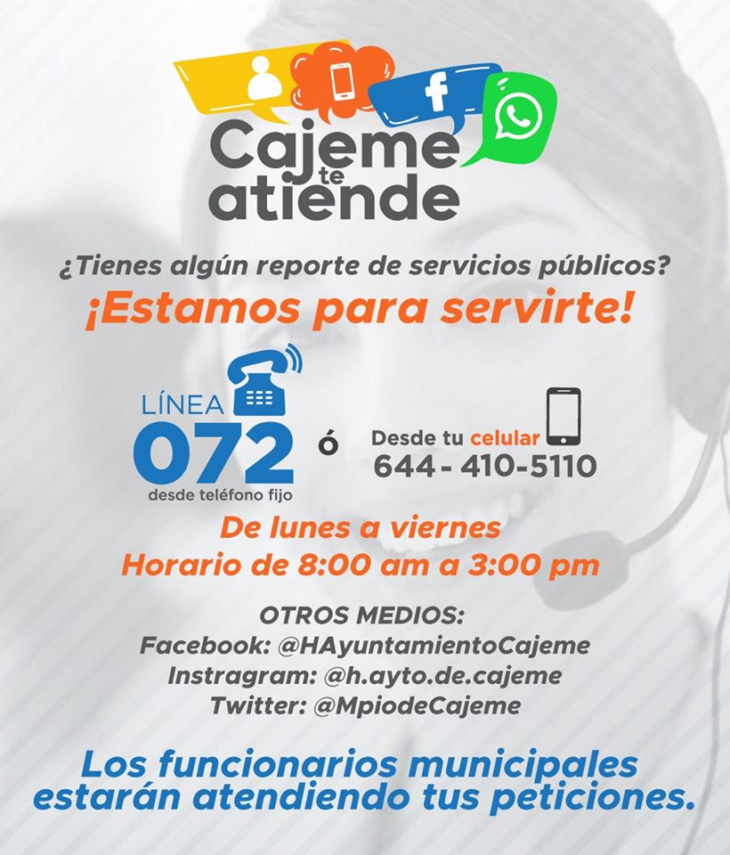 ¡Estamos para servirte!
Con la propuesta de dar una atención más eficiente y oportuna a sus informes de Servicios Públicos, hazlo en las líneas telefónicas, y proporciones tu número de FOLIO para darle seguimiento.
¡Ayúdanos a ayudarte!
#Vamostodosporcajeme
#MásUnidosQueNunca