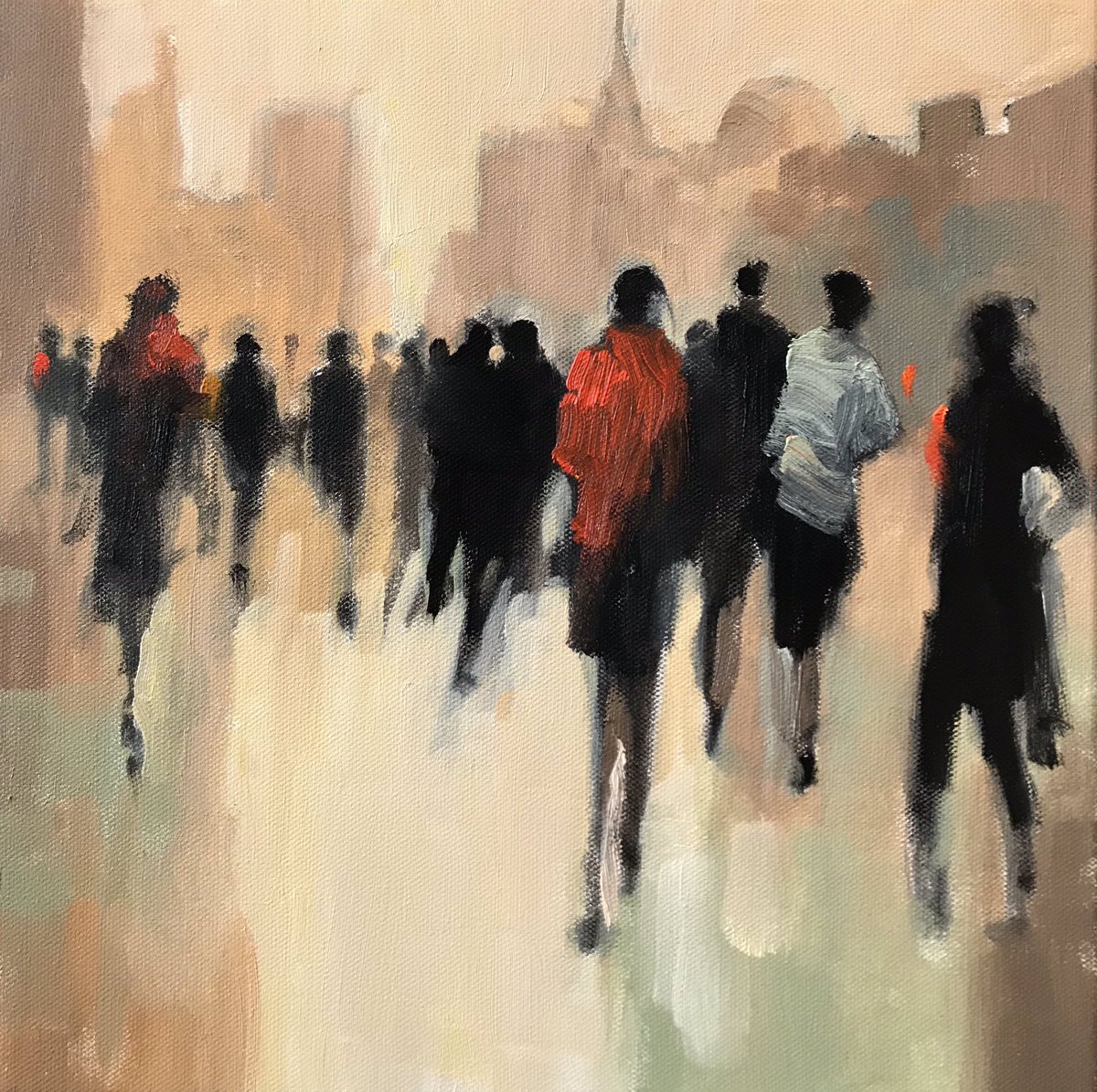 Betsy HAVENS “We Love Our Town”  Oil 12x12 #betsyhavens #burroughschapinartmuseum #oilpainting #painting #figurativepainting calkhavensgallery.com/collections/14…