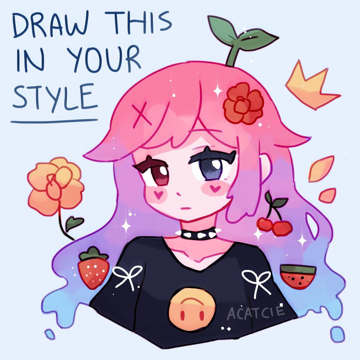 Lizzuchann's tweet photo. Ok so I super didn't notice the smiley face on the shirt but I did @acatcie's #drawthisinyourstyle!!! It's such a cute piece of art AAAAAA https://t.co/V0hLbLzctt
