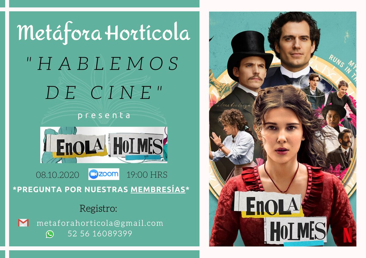 #MetáforaHortícola convoca a su #conversatorio sobre #EnolaHolmes de #HarryBradbeer
 #clubdelectura #literatura #cine el 8 de octube a las 19:00 hrs #CDMX