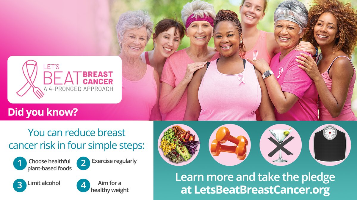 TigNotaro's tweet photo. Let’s Beat Breast Cancer is a four-pronged approach to help you reduce your risk: 1) Eat plant-based foods 2) Exercise 3) Limit alcohol and 4) Maintain a healthy weight. https://t.co/WHr3QZot5o #LetsBeatBreastCancer #BreastCancerAwarenessMonth https://t.co/Soj7Fv6UMK
