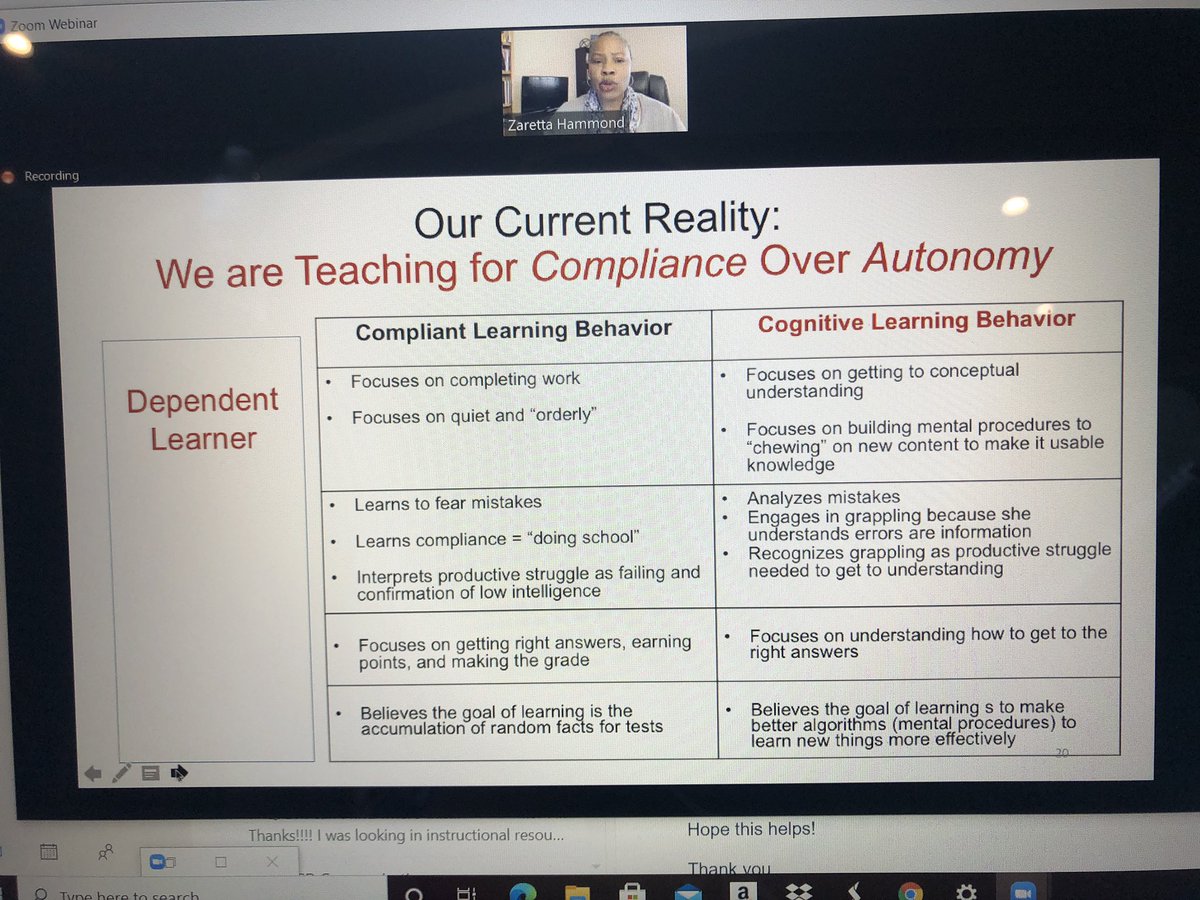 <a href="/Ready4rigor/">Zaretta Hammond</a> asking us to reflect on the difference between teaching for compliance over teaching for cognitively independent learners #TLC2020