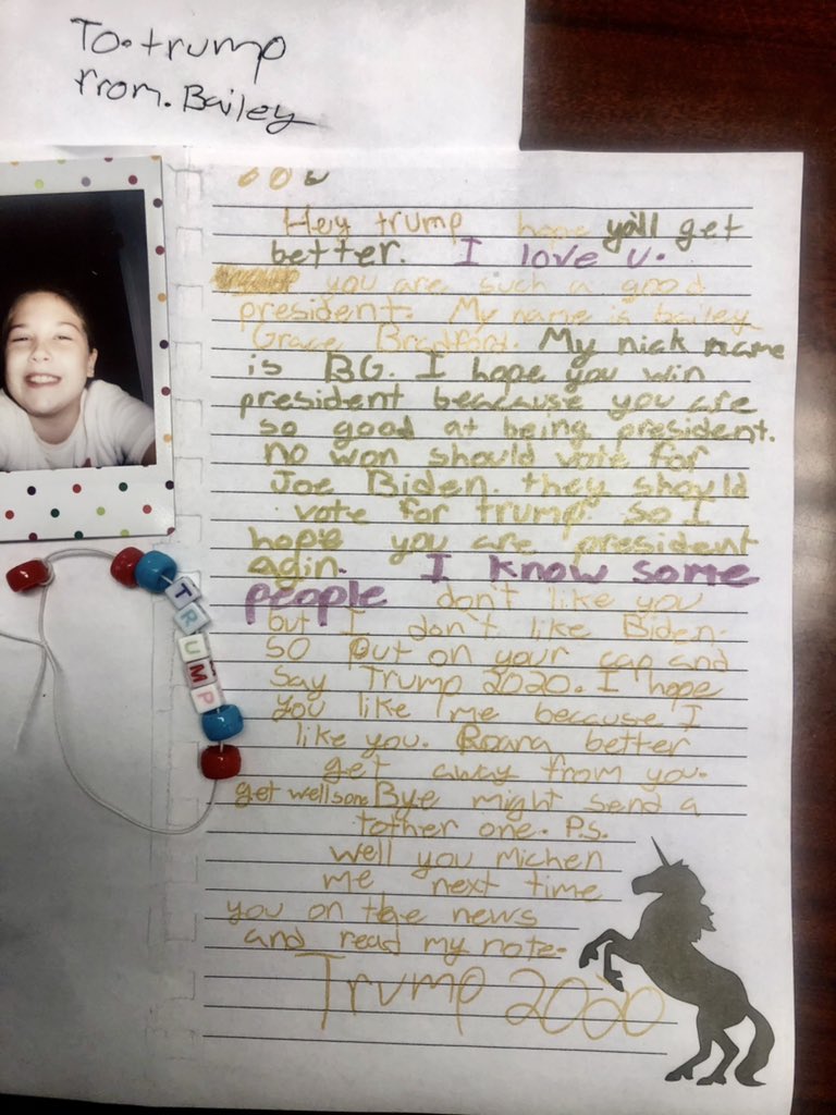 TeaWithMandyB's tweet image. Get Well Letter to @realDonaldTrump from my sweet Bailey Grace! Complete with a selfie and a bracelet. “So put on your cap and say #Trump2020 “ @FLOTUS FLOTUS