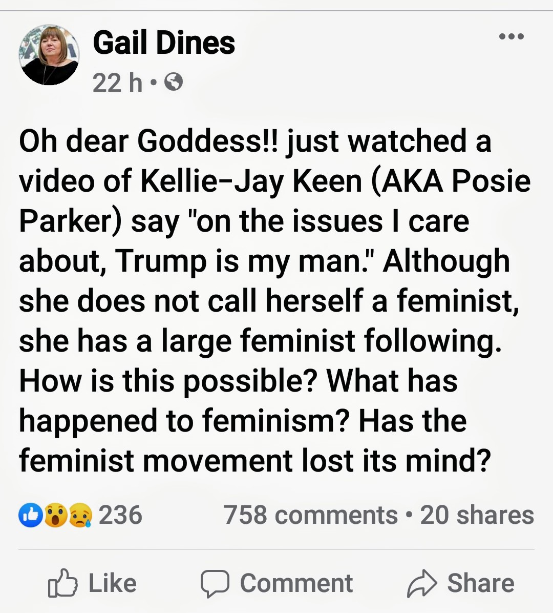 1/ Posie Parker has come out in favour of Trump for the US election. (See her exact words pics 2&3). Gail Dines (author of Pornland) called it out on her FB page (pic1). A 758 comment thread followed re whether or not feminists should support a fascist.  https://www.facebook.com/gaildines 