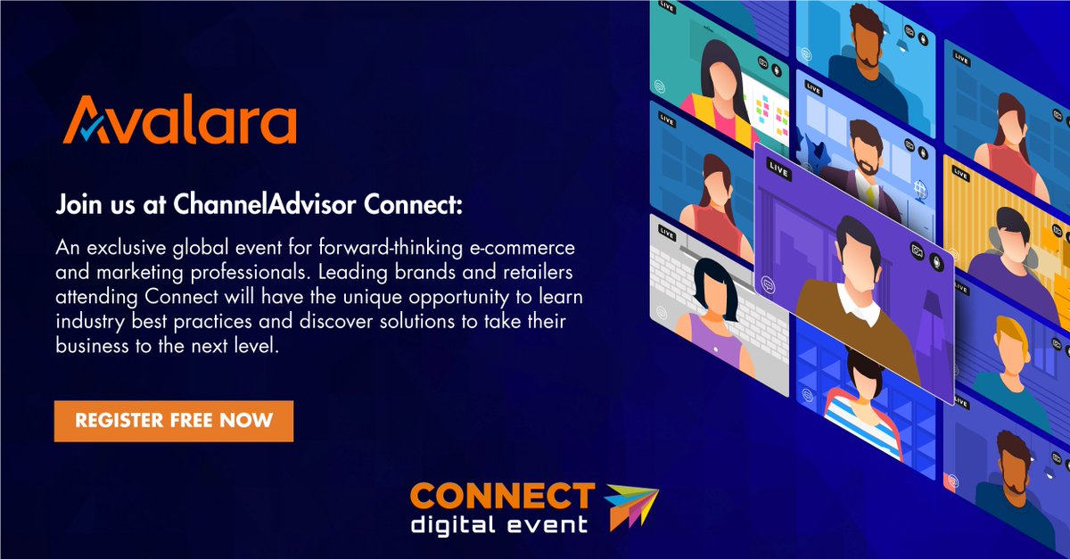 avalara's tweet photo. We're excited to be sponsoring #ConnectDigital20 this week, and look forward to connecting with everyone. Register for this virtual #ecommerce event for free: https://t.co/6Hrdjb3G20 https://t.co/sVmirzrp1a