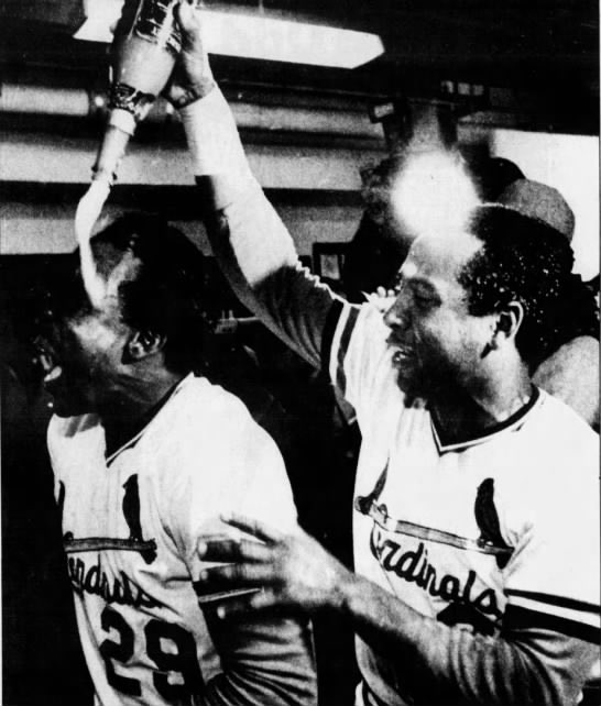 Some scenes from the NL East champion  #StLCards   clubhouse: Cesar Cedeno & John Tudor enjoy champagne showers, and Terry Pendleton drenches Vince Coleman.