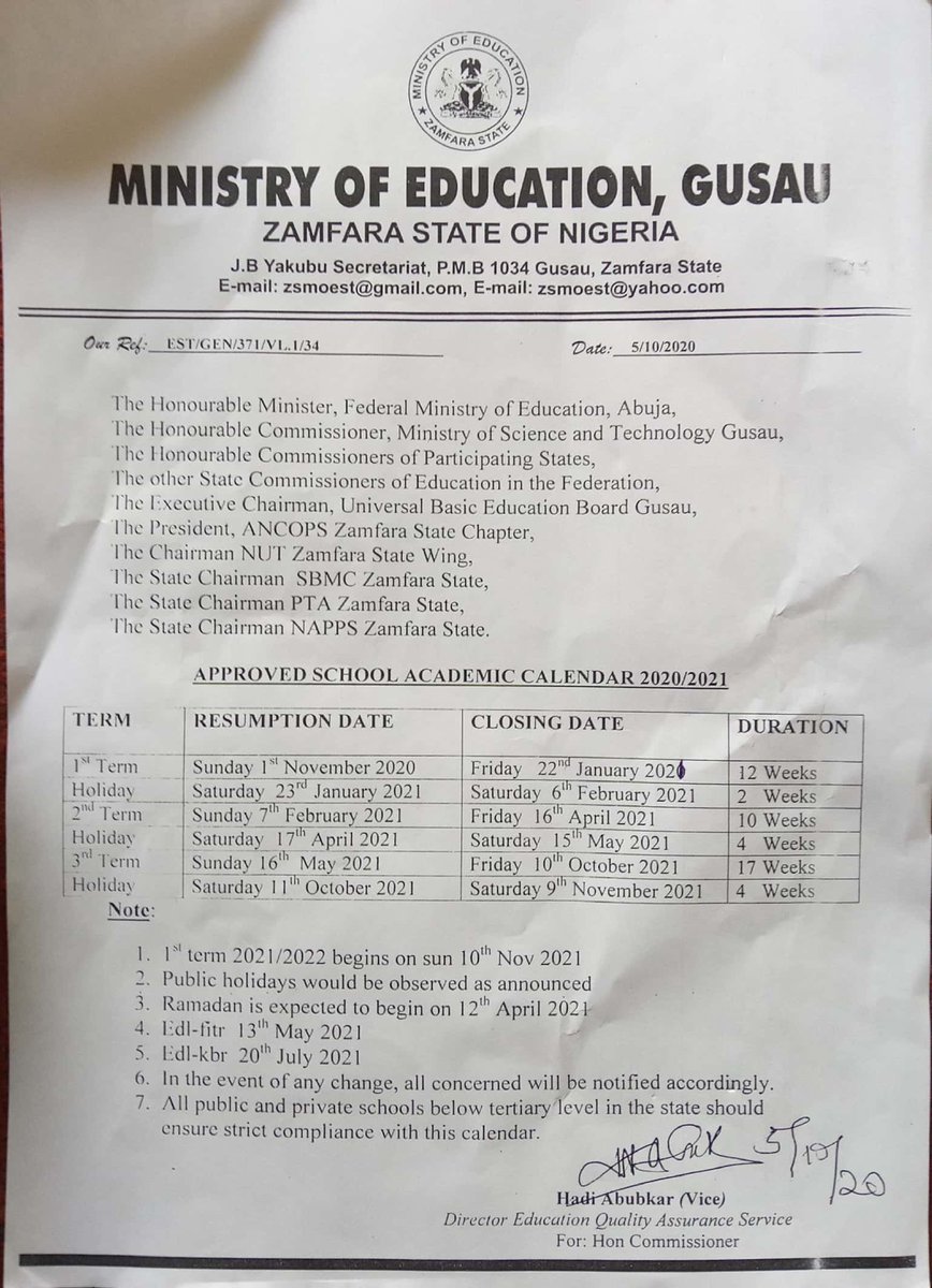 Approved calendar for schools reopening in zamfara state. @Bellomatawalle1