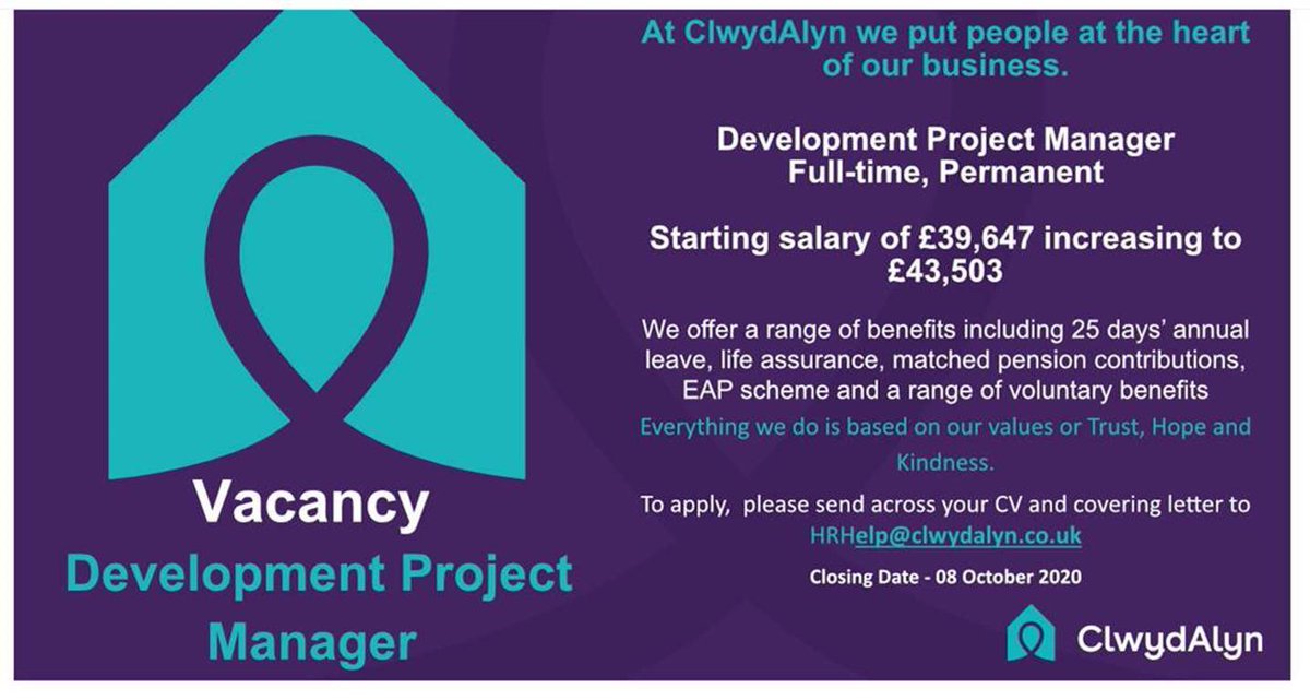 📣 JOB OPPORTUNITY 📣 <a href="/ClwydAlyn/">ClwydAlyn</a> are seeking a new Development Project Manager to join their fantastic team! 🤩 This is a brilliant opportunity to further your career in the housing sector! 🏘 Be quick - Applications close THIS THURSDAY ⭐️ #development #jobopportunity