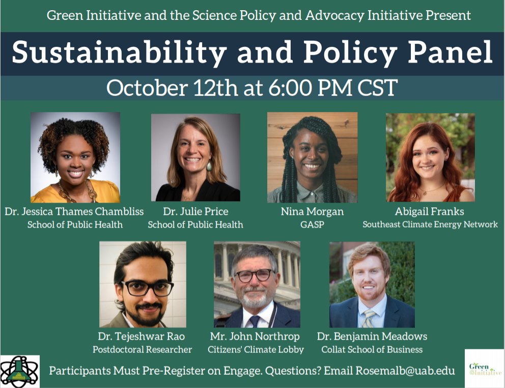 GOOD morning everyone! Wanna hear more about environmental justice and sustainability? SPAI and the UAB Green Initiative have gathered a panel of scientists, activists, and advocates to talk about politics and sustainability! We are SUPER excited for this and hope you'll join us!